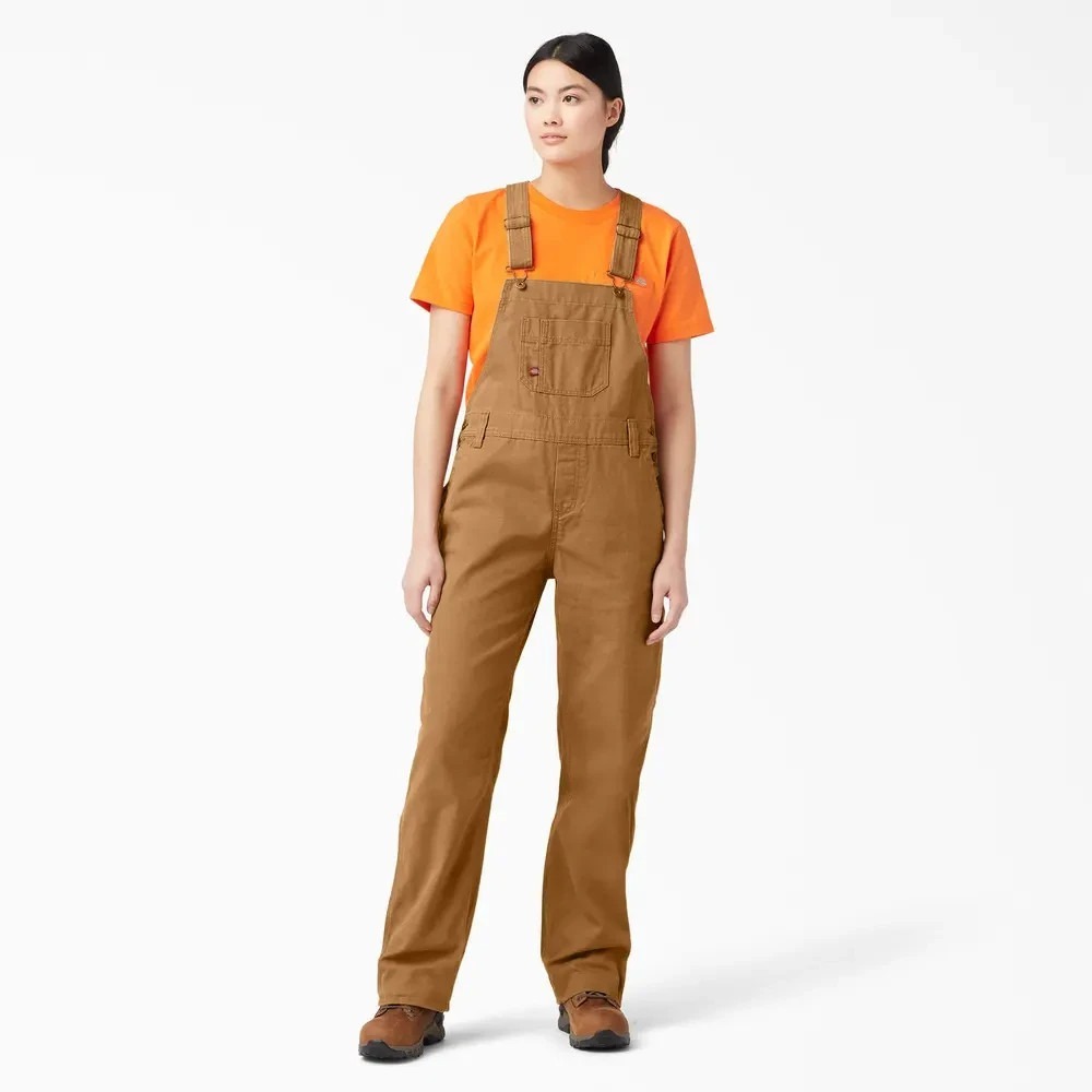 Dickies Womens Bib Overalls Relaxed Fit Straight Leg Size Medium Rinsed Brown